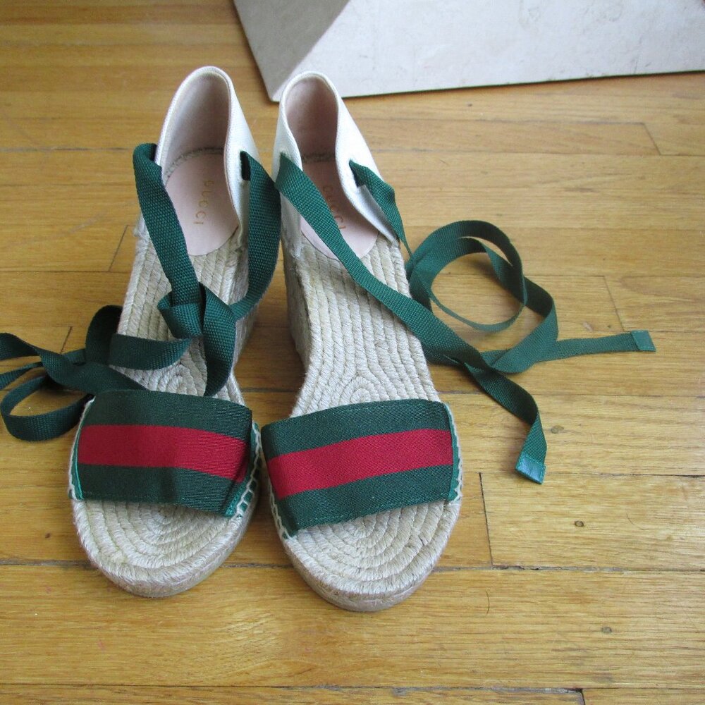 Gucci Lilibeth Stylvie Wedge Canvas Wedge Espadrille 525728 Red/Green Stripes